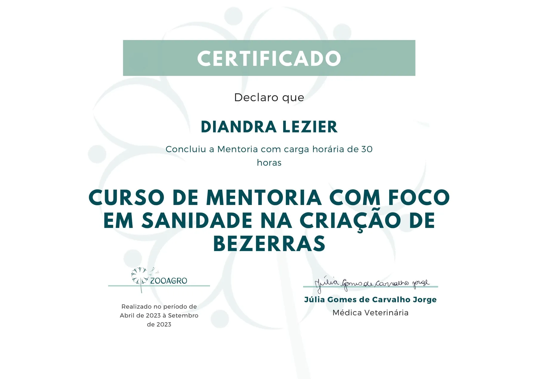 Modelo do certificado de participação na Mentoria em Sanidade Bovina